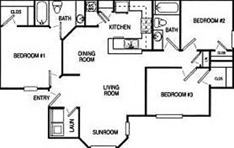 Floor plan for 3 beds, 2 baths, 1150 sqft